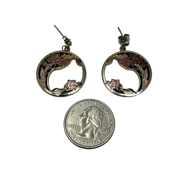 Vintage Fish and Crown‎ Earrings Black Pink Enamel Flowers Drop Dangle Pierced - Picture 8 of 8